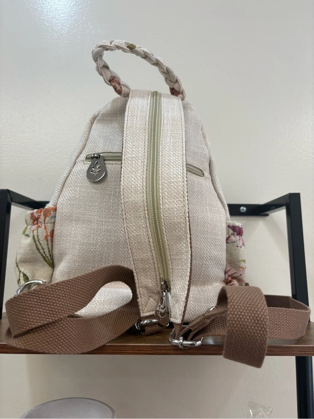Canvas Floral Backpack with Green Leaf and Berry, vintage Floral
